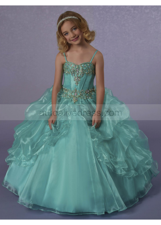 Spaghetti Straps Beaded Organza Floor Length Flower Girl Dress 